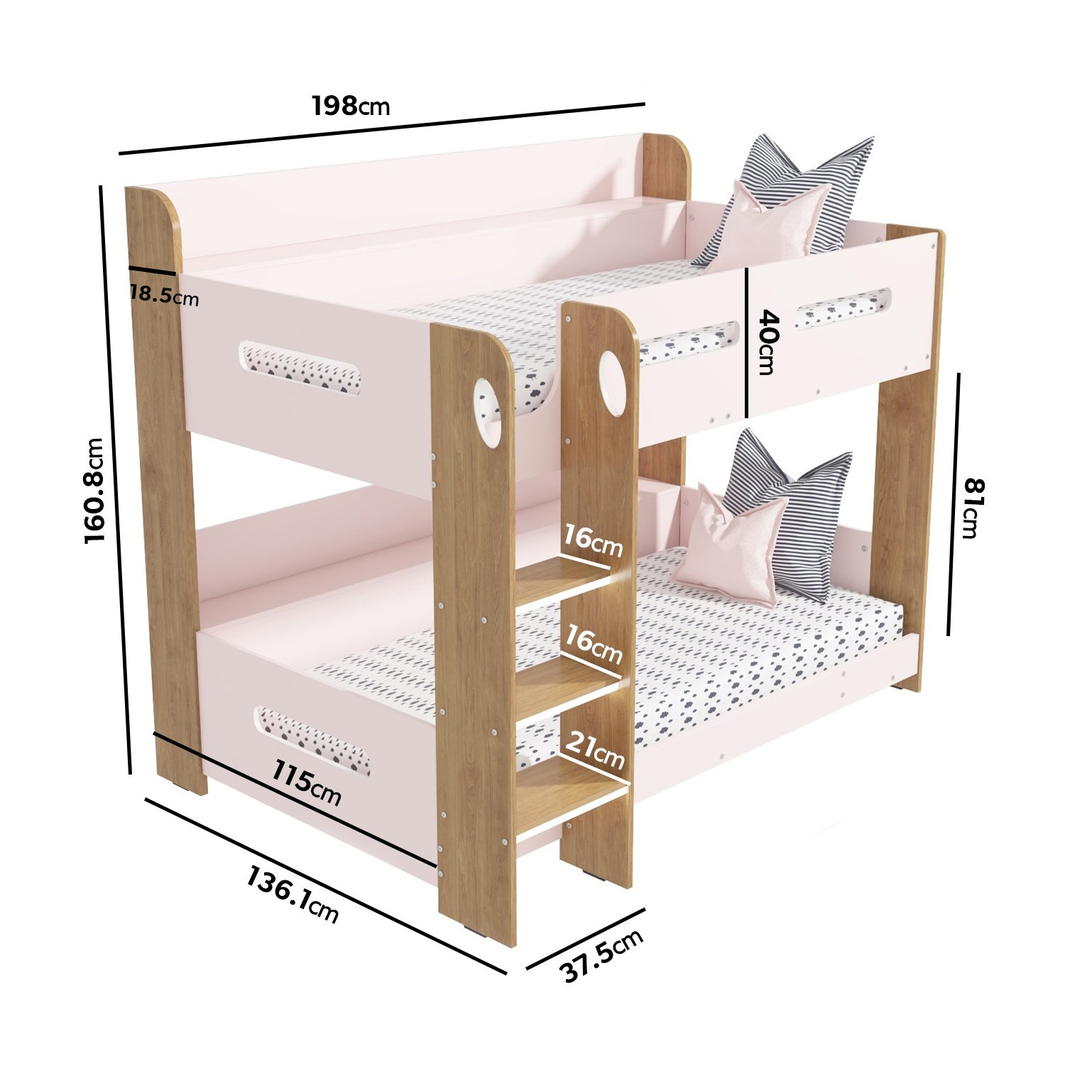 Read more about Pink and oak bunk bed with shelves sky